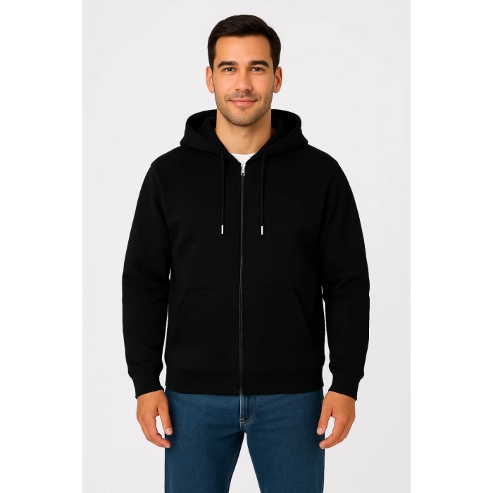 Erkek Üç İplik Kapüşonlu Tam Fermuarlı Kanguru Çepli SweatShirt Hoodie - Siyah