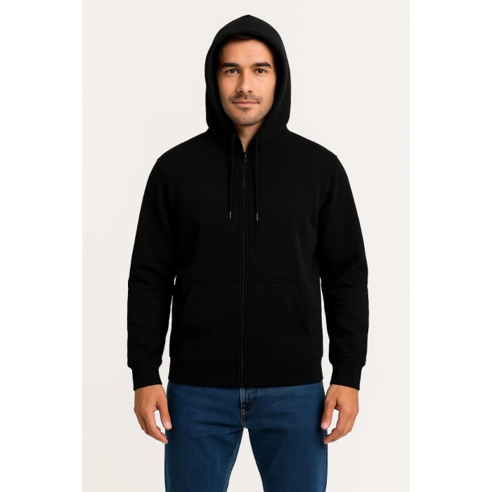 Erkek Üç İplik Kapüşonlu Tam Fermuarlı Kanguru Çepli SweatShirt Hoodie - Siyah