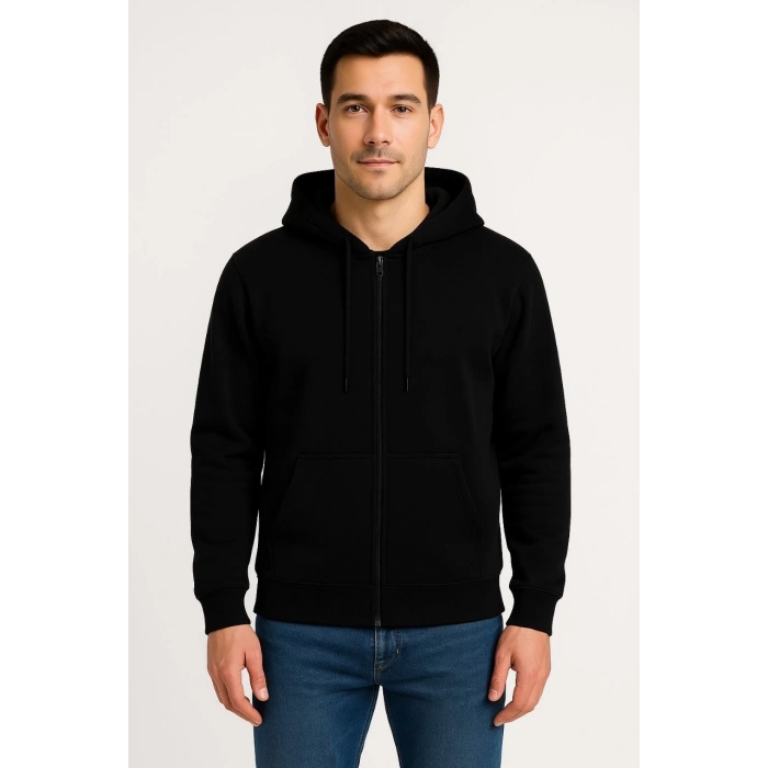Erkek Üç İplik Kapüşonlu Tam Fermuarlı Kanguru Çepli SweatShirt Hoodie - Siyah