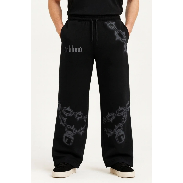 Erkek Üç İplik Pamuklu Baskılı Cepli Jogger Buggy Pantalon Oversize Kalıp - Siyah