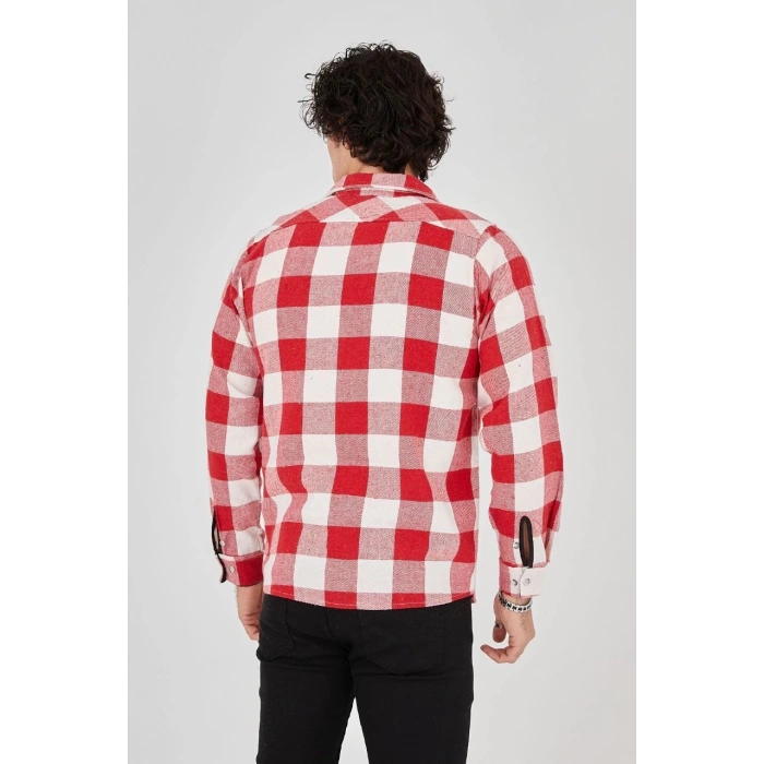 Erkek Oduncu Gömlek – Uzun Kollu, Şardonlu Kumaş, Kareli Desen, Regular Fit, Manşetli, Çift Cepli, Rahat Günlük Bahar & Kış Stil - Kırmızı
