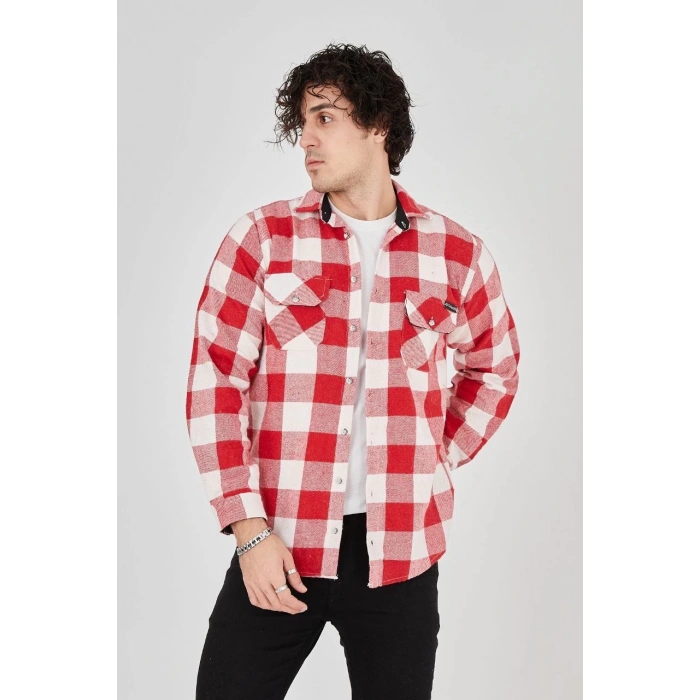 Erkek Oduncu Gömlek – Uzun Kollu, Şardonlu Kumaş, Kareli Desen, Regular Fit, Manşetli, Çift Cepli, Rahat Günlük Bahar & Kış Stil - Kırmızı