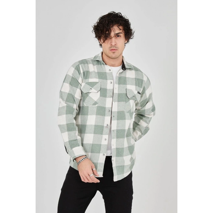 Erkek Uzun Kollu Oduncu Gömlek - Mint yeşili