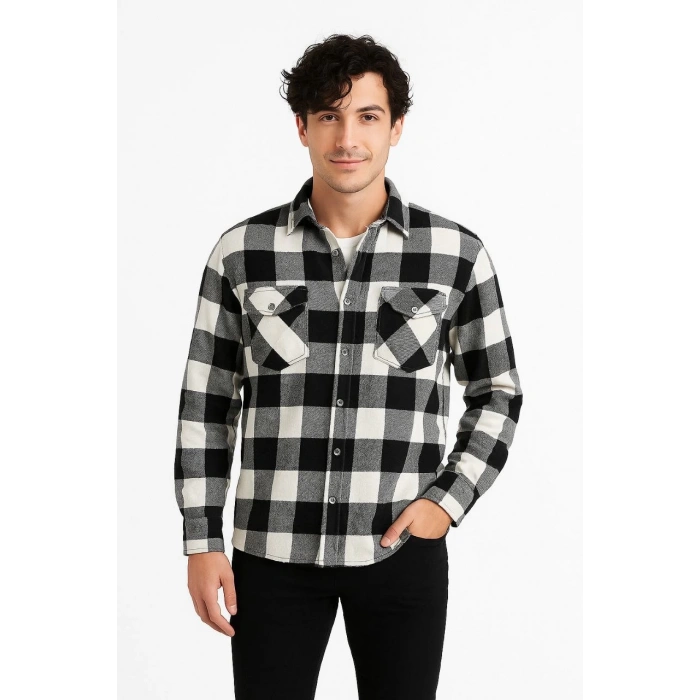 Erkek Oduncu Gömlek – Uzun Kollu, Şardonlu Kumaş, Kareli Desen, Regular Fit, Manşetli, Çift Cepli, Rahat Günlük Bahar & Kış Stil - Siyah