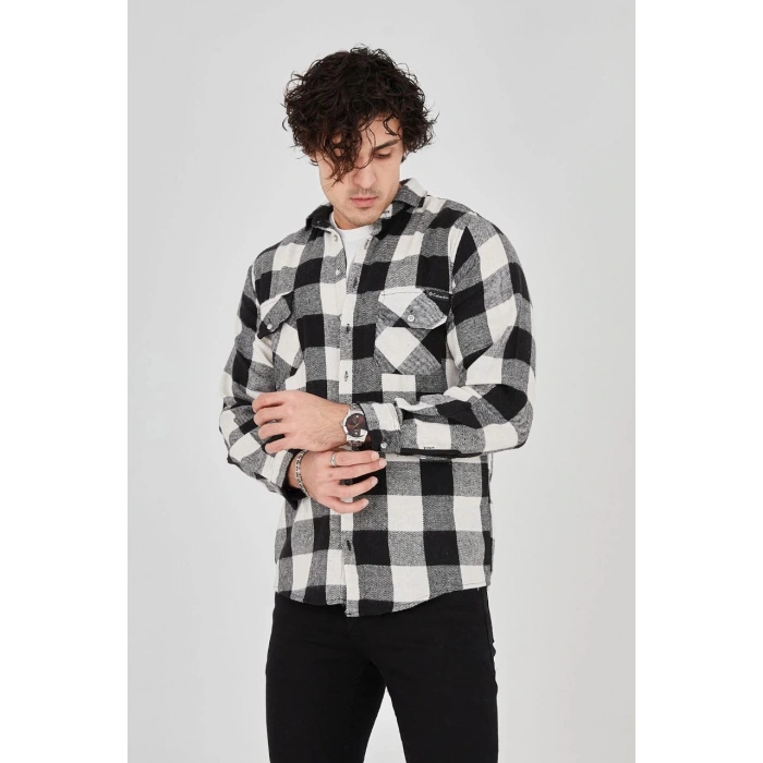 Erkek Oduncu Gömlek – Uzun Kollu, Şardonlu Kumaş, Kareli Desen, Regular Fit, Manşetli, Çift Cepli, Rahat Günlük Bahar & Kış Stil - Siyah