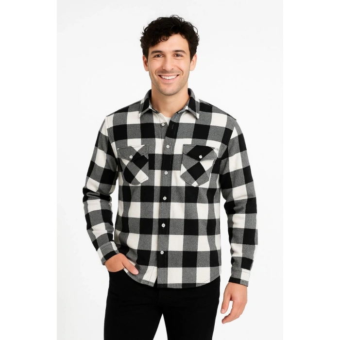 Erkek Oduncu Gömlek – Uzun Kollu, Şardonlu Kumaş, Kareli Desen, Regular Fit, Manşetli, Çift Cepli, Rahat Günlük Bahar & Kış Stil - Siyah
