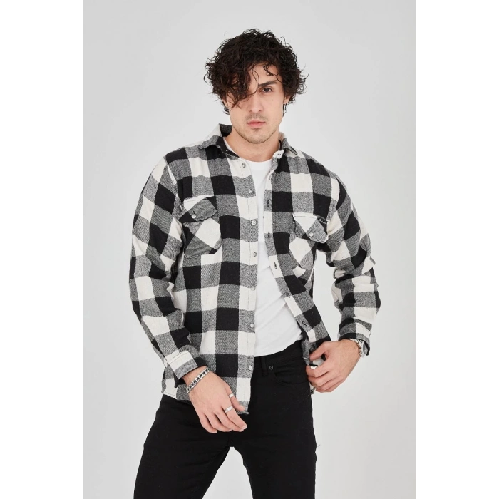 Erkek Oduncu Gömlek – Uzun Kollu, Şardonlu Kumaş, Kareli Desen, Regular Fit, Manşetli, Çift Cepli, Rahat Günlük Bahar & Kış Stil - Siyah