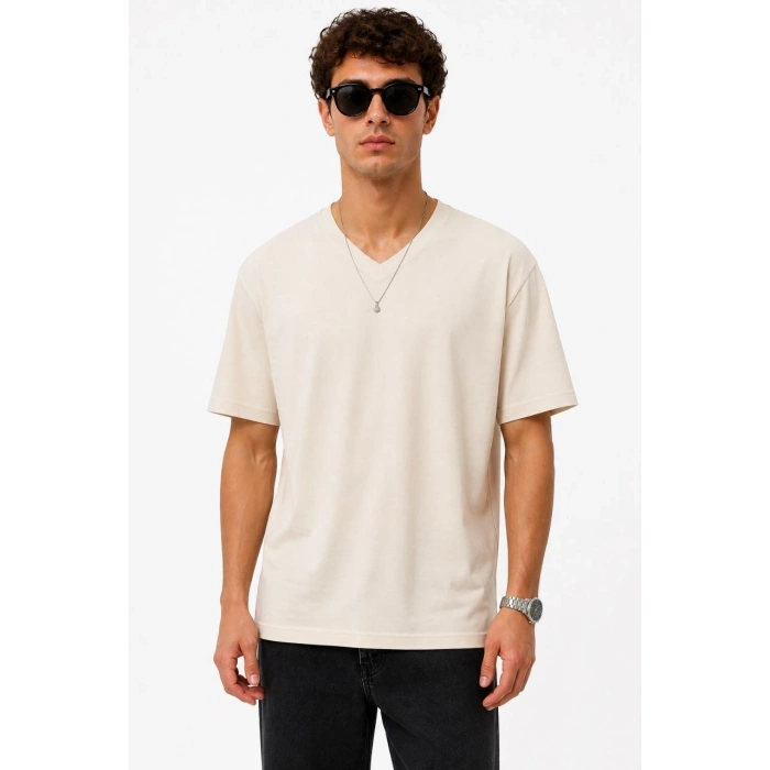 Erkek V Yaka Basic Tişört Kısa Kol Yazlık Regular Fit T-Shirt - Bej