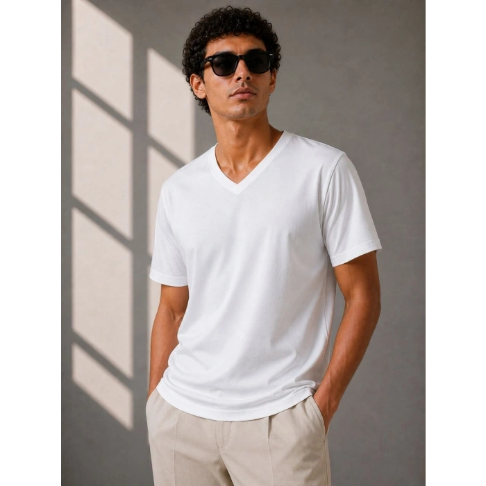 Erkek V Yaka Basic Tişört Kısa Kol Yazlık Regular Fit T-Shirt - Beyaz