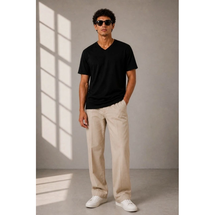 Erkek V Yaka Basic Tişört Kısa Kol Yazlık Regular Fit T-Shirt - Siyah