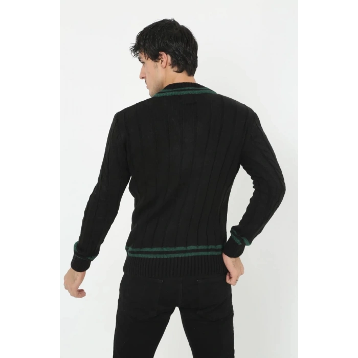 Erkek V Yaka Örgülü Kazak - Siyah