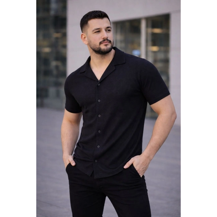 Erkek Waffle Dokuma Açık Yakalı Düğmeli Regular Kalıp 2’li Gömlek Seti - Siyah & Beyaz