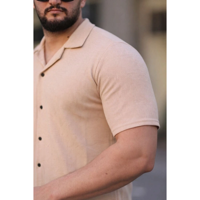 Erkek Waffle Kumaş Kısa Kollu Düğmeli Açık Yaka Regular Fit Gömlek - Bej