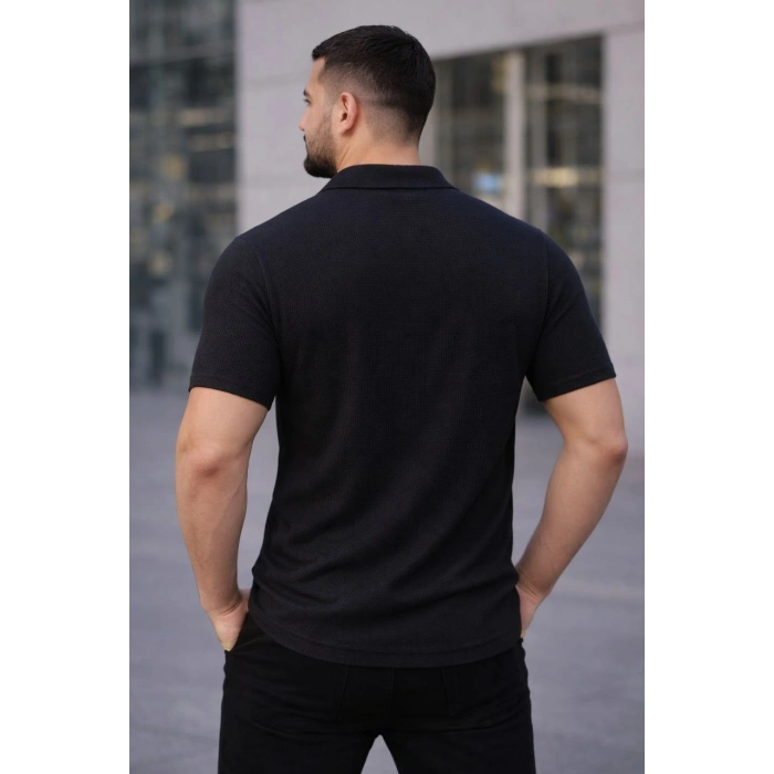 Erkek Waffle Kumaş Kısa Kollu Düğmeli Açık Yaka Regular Fit Gömlek - Siyah