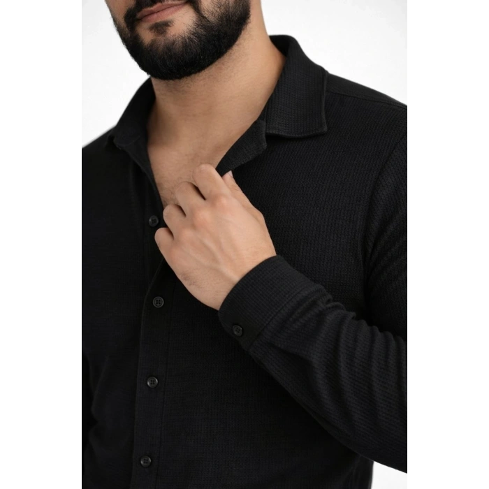 Erkek Waffle Kumaş Uzun Kollu Düğmeli Açık Yaka Regular Fit Gömlek - Siyah