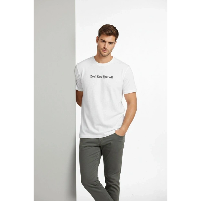 Erkek Wafıl Kumaş Tişört Regular Kalıp Bisiklet Yaka Baskılı Günlük Basic T-Shirt - Beyaz