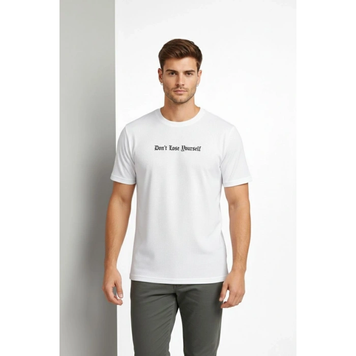 Erkek Wafıl Kumaş Tişört Regular Kalıp Bisiklet Yaka Baskılı Günlük Basic T-Shirt - Beyaz