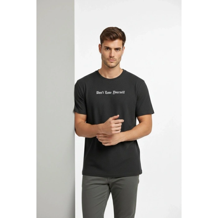 Erkek Wafıl Kumaş Tişört Regular Kalıp Bisiklet Yaka Baskılı Günlük Basic T-Shirt - Siyah