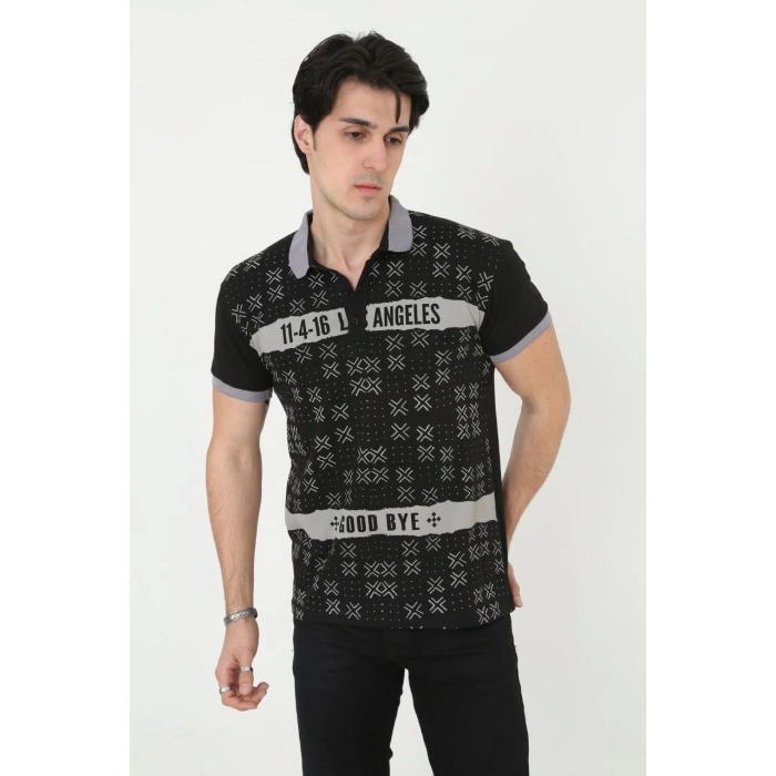 Erkek Yakalı Slim Fit Baskılı T-Shirt - Siyah