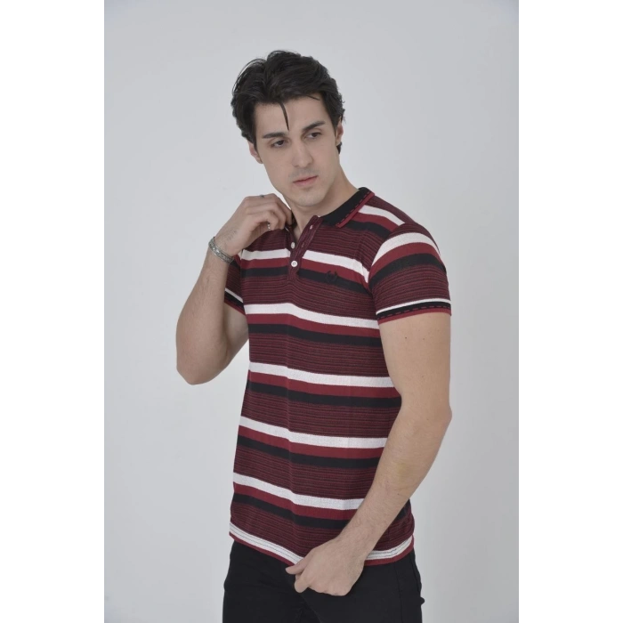 Erkek Yakalı Slim Fit Dokuma Çizgili T-Shirt - Bordo