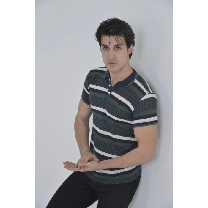 Erkek Yakalı Slim Fit Dokuma Çizgili T-Shirt - Haki