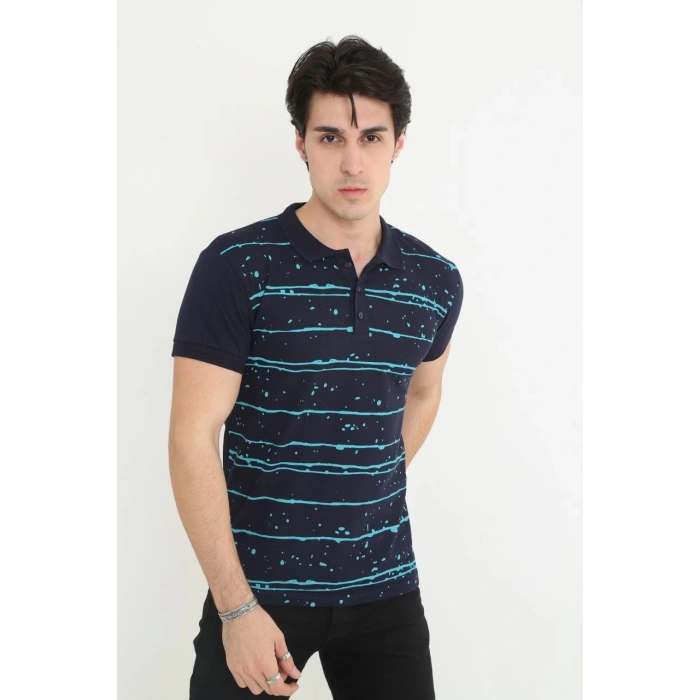 Erkek Yakalı Slim Fit Pike Çizgili T-Shirt - Lacivert