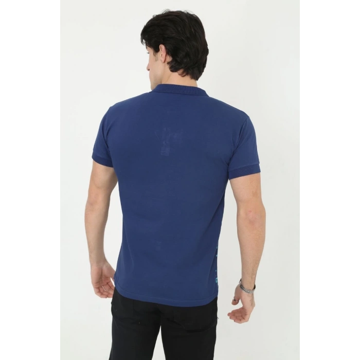 Erkek Yakalı Slim Fit Pike Çizgili T-Shirt - Mavi
