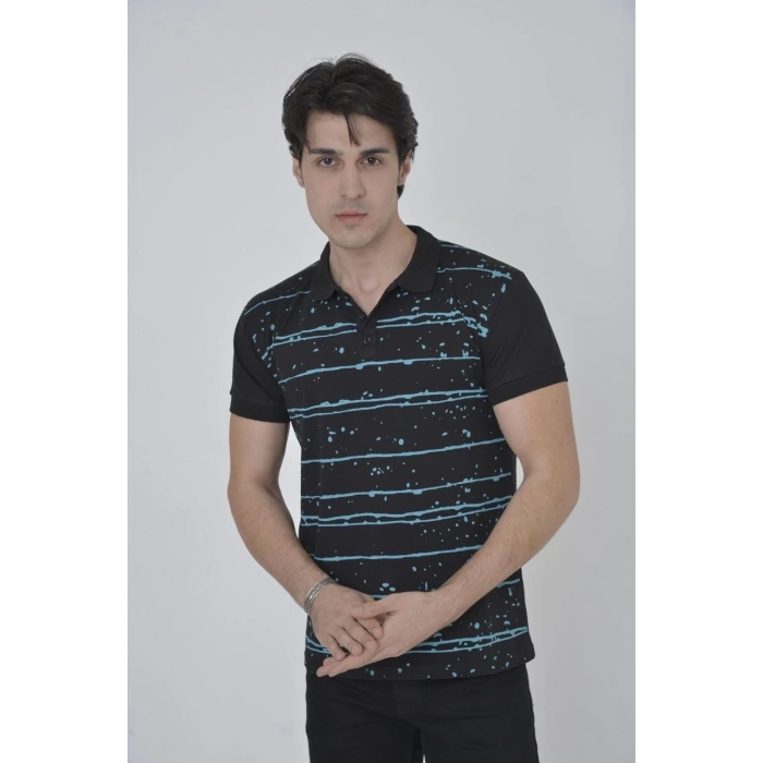 Erkek Yakalı Slim Fit Pike Çizgili T-Shirt - Siyah