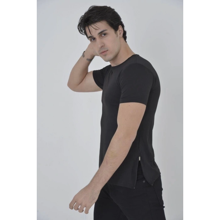 Erkek Yandan Fermuarli Slim fit T-shirt - Siyah