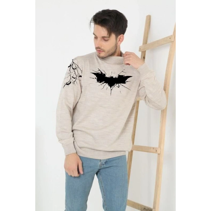 Erkek Yarım Bağazlı Kazak Baskılı Dokuma Triko - Bej