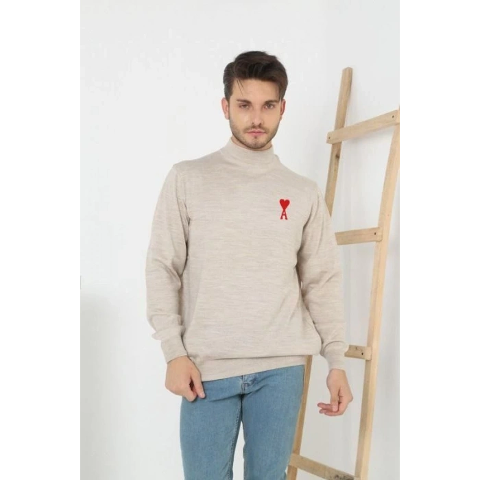 Erkek Yarım Bağazlı Kazak Baskılı Dokuma Triko - Bej