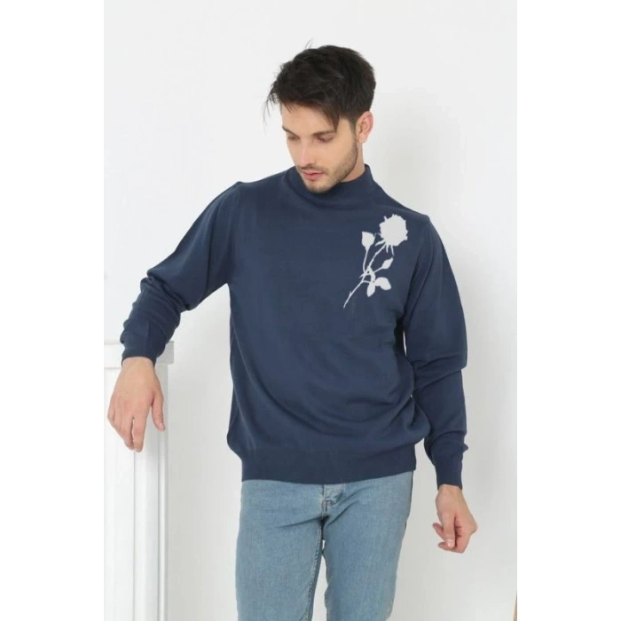 Erkek Yarım Bağazlı Kazak Baskılı Dokuma Triko - Lacivert