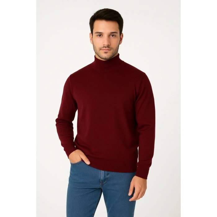 Erkek Yarım Boğaz Triko Kazak yumuşak dokulu Pamuklu ince Dokuma, uzun kollu Rahat Regular kalıp - Bordo