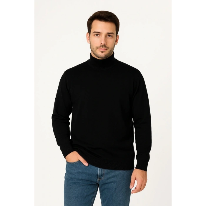 Erkek Yarım Boğaz Triko Kazak yumuşak dokulu Pamuklu ince Dokuma, uzun kollu Rahat Regular kalıp - Siyah