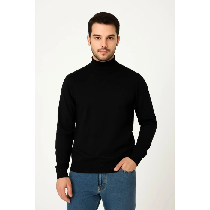 Erkek Yarım Boğaz Triko Kazak yumuşak dokulu Pamuklu ince Dokuma, uzun kollu Rahat Regular kalıp - Siyah