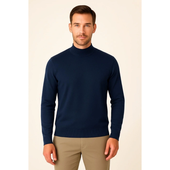 Erkek Yarım Boğaz Triko Kazak yumuşak dokulu Pamuklu ince Dokuma, uzun kollu Rahat Regular kalıp - Lacivert