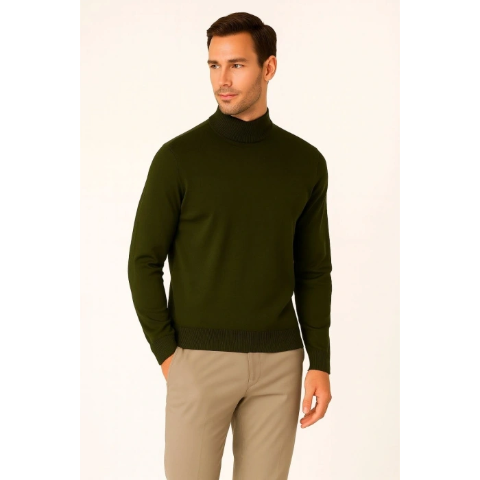 Erkek Yarım Boğaz Triko Kazak yumuşak dokulu Pamuklu ince Dokuma, uzun kollu Rahat Regular kalıp - Haki