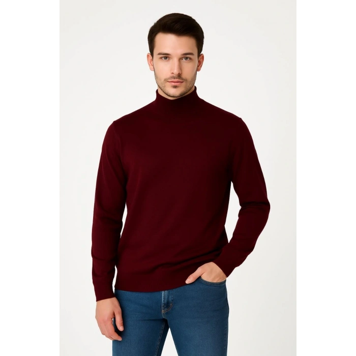 Erkek Yarım Boğaz Triko Kazak yumuşak dokulu Pamuklu ince Dokuma, uzun kollu Rahat Regular kalıp - Bordo