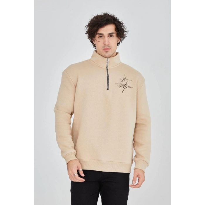 Erkek Yarım Fermuarlı Baskılı Sweat - Bej
