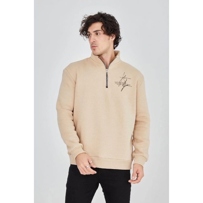Erkek Yarım Fermuarlı Baskılı Sweat - Bej
