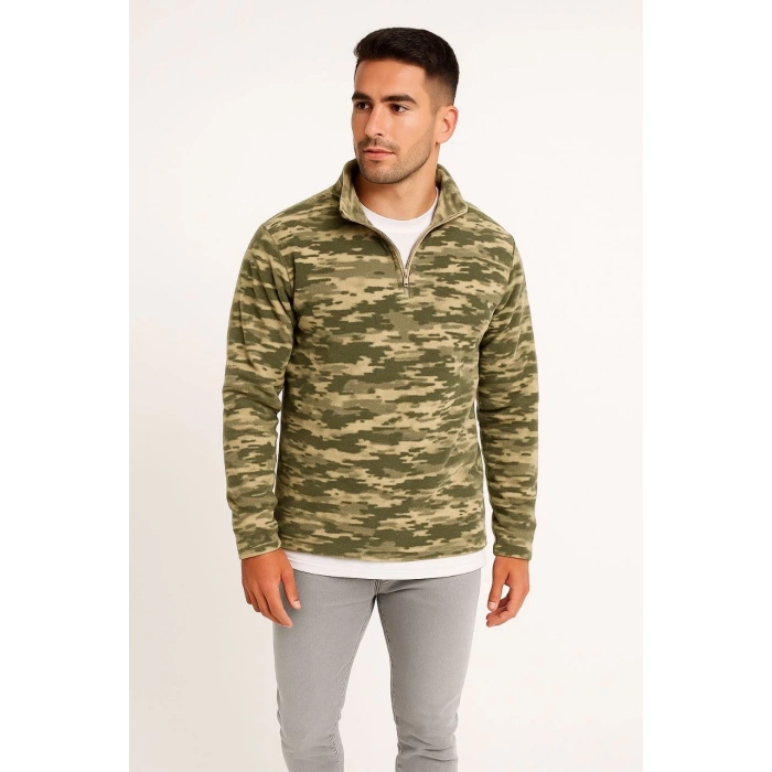 Erkek Yarım Fermuarlı Desenli Polar Sweat – Haki Kamuflaj Yakalı, Uzun Kollu, Oversize Rahat Kalıp - Haki
