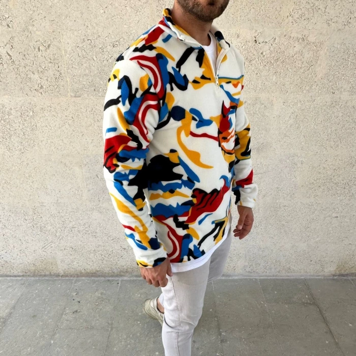 Erkek Yarım Fermuarlı Desenli Polar Sweat – Renkli Abstract Desen Yakalı, Uzun Kollu, Oversize Rahat Kalıp, - Beyaz