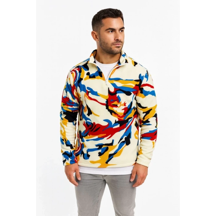 Erkek Yarım Fermuarlı Desenli Polar Sweat – Renkli Abstract Desen Yakalı, Uzun Kollu, Oversize Rahat Kalıp, - Beyaz
