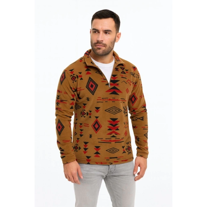 Erkek Yarım Fermuarlı Desenli Polar Sweat Tribal Etnik Desen Yakalı, Uzun Kollu, Oversize Rahat Kalıp, - Kahverengi
