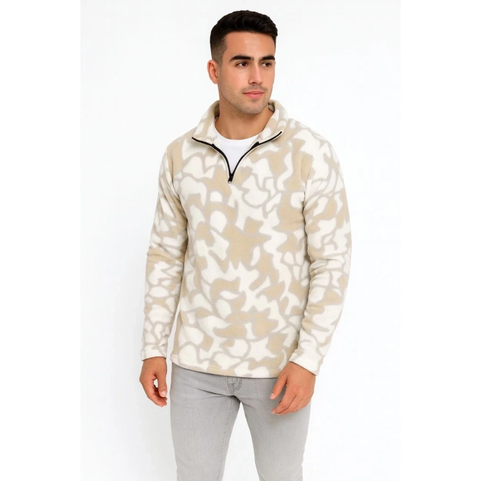 Erkek Yarım Fermuarlı Desenli Polar Sweat Yakalı, Uzun Kollu, Oversize Rahat Kalıp - Bej