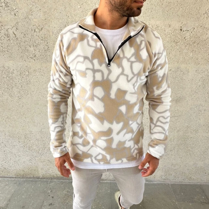 Erkek Yarım Fermuarlı Desenli Polar Sweat Yakalı, Uzun Kollu, Oversize Rahat Kalıp - Bej