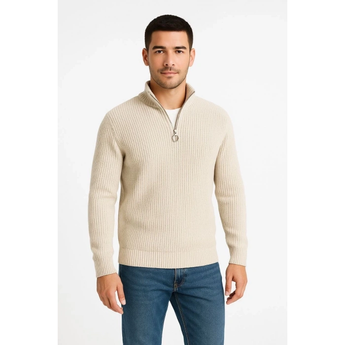 Erkek Yarım Fermuarlı Triko Kazak – Selanik Örgü, Dik Yaka, Pamuklu Dokuma, Regular Fit Uzun Kollu Kışlık Model - Bej