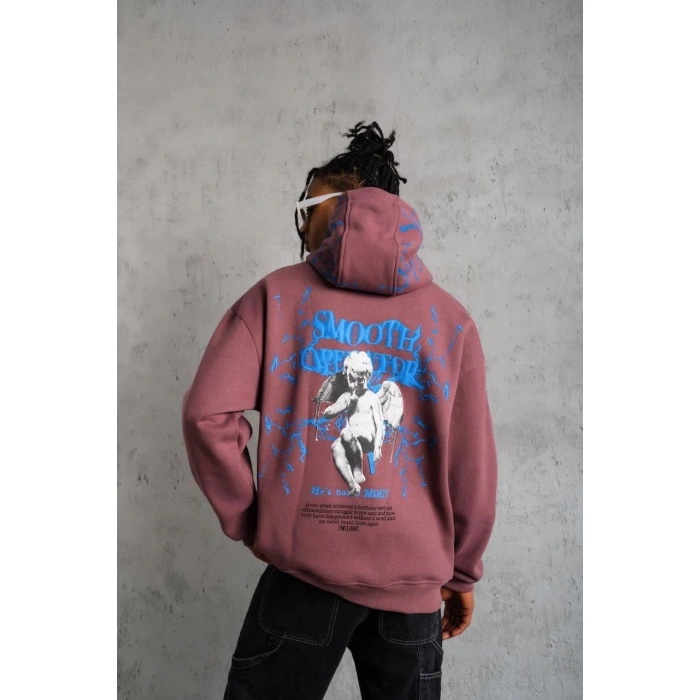 Erkek Yıldırım Baskılı Kapşonlu Sweat - Gül Kurusu