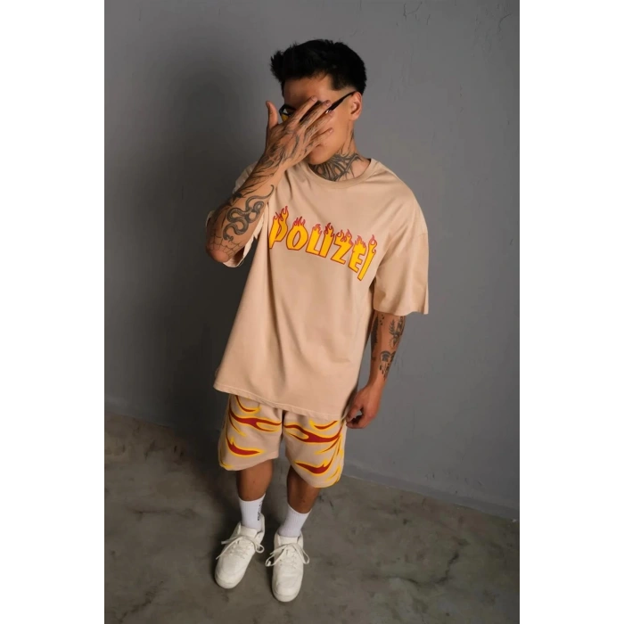 Erkek Alev Baskılı İkili Şortlu Takım - Bej