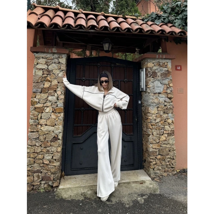 Fermuarlı Eşofman Pantolon İkili Takım - Beyaz